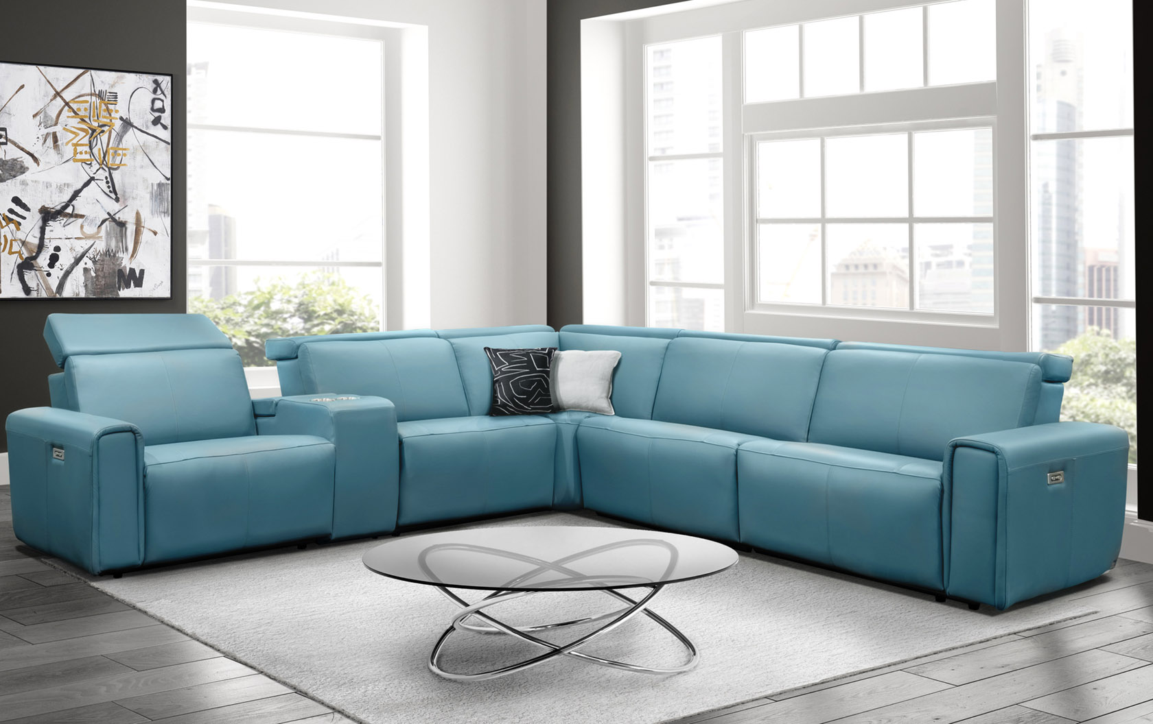 רילקסון תוצרת קנדה מערכת ישיבה פינתית עם ריקליינרים מעור טורקיז